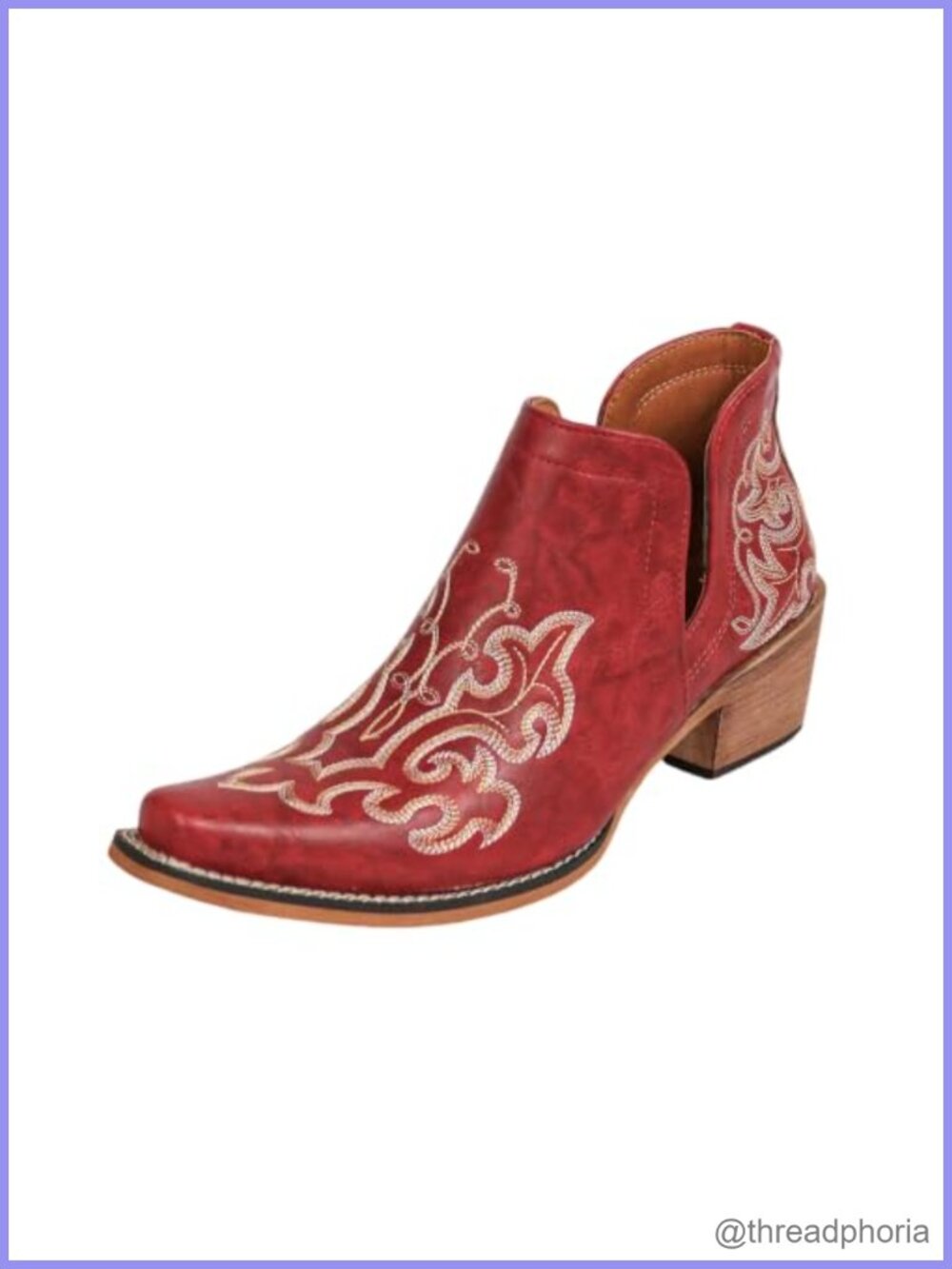 Western Embroidered Ankle Boots Chunky Block Heel Pointed Toe Faux Leather